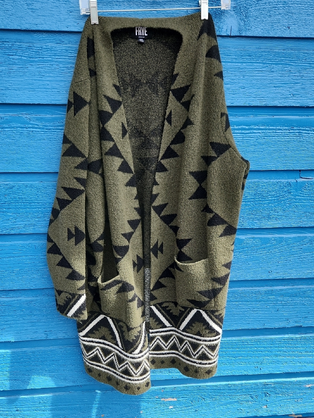 FRYE Olive and Black Geometric Open-Front Cardigan